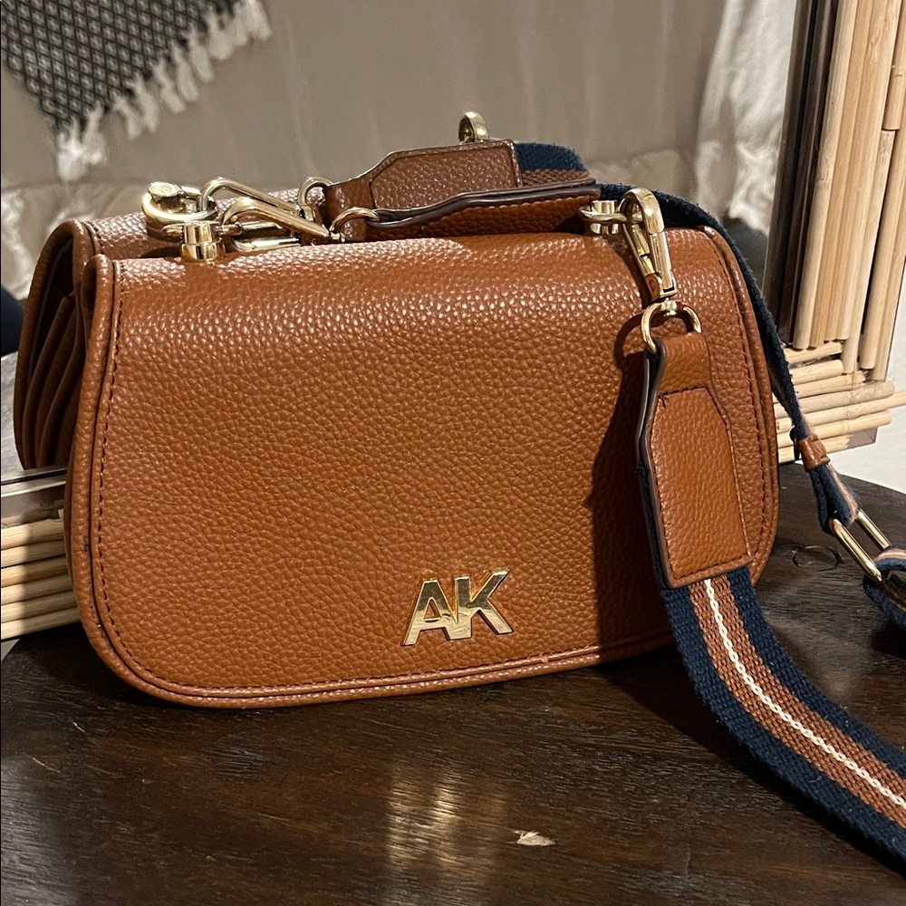 Anne Klein Cognac Pebbled Leather Crossbody with Striped Strap